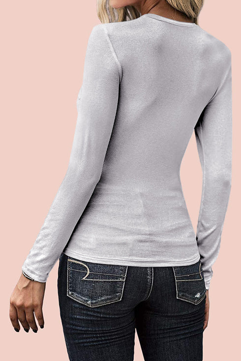 U Neck Button Knit Long Sleeve Top